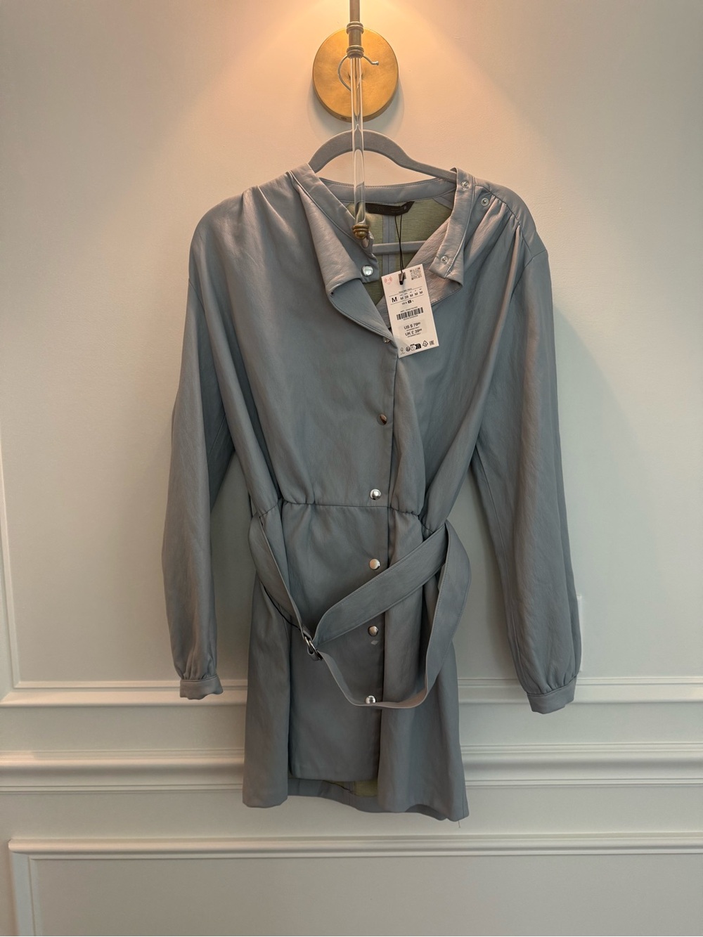 Zara Womens Light blue Gray Button-Front Belted Coat dress
